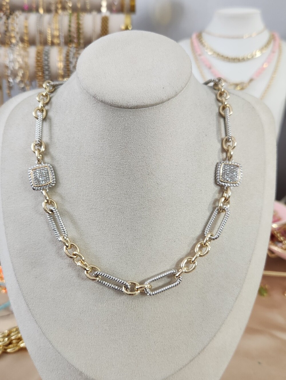 Two Tone Chunky Toggle Crystal Necklace